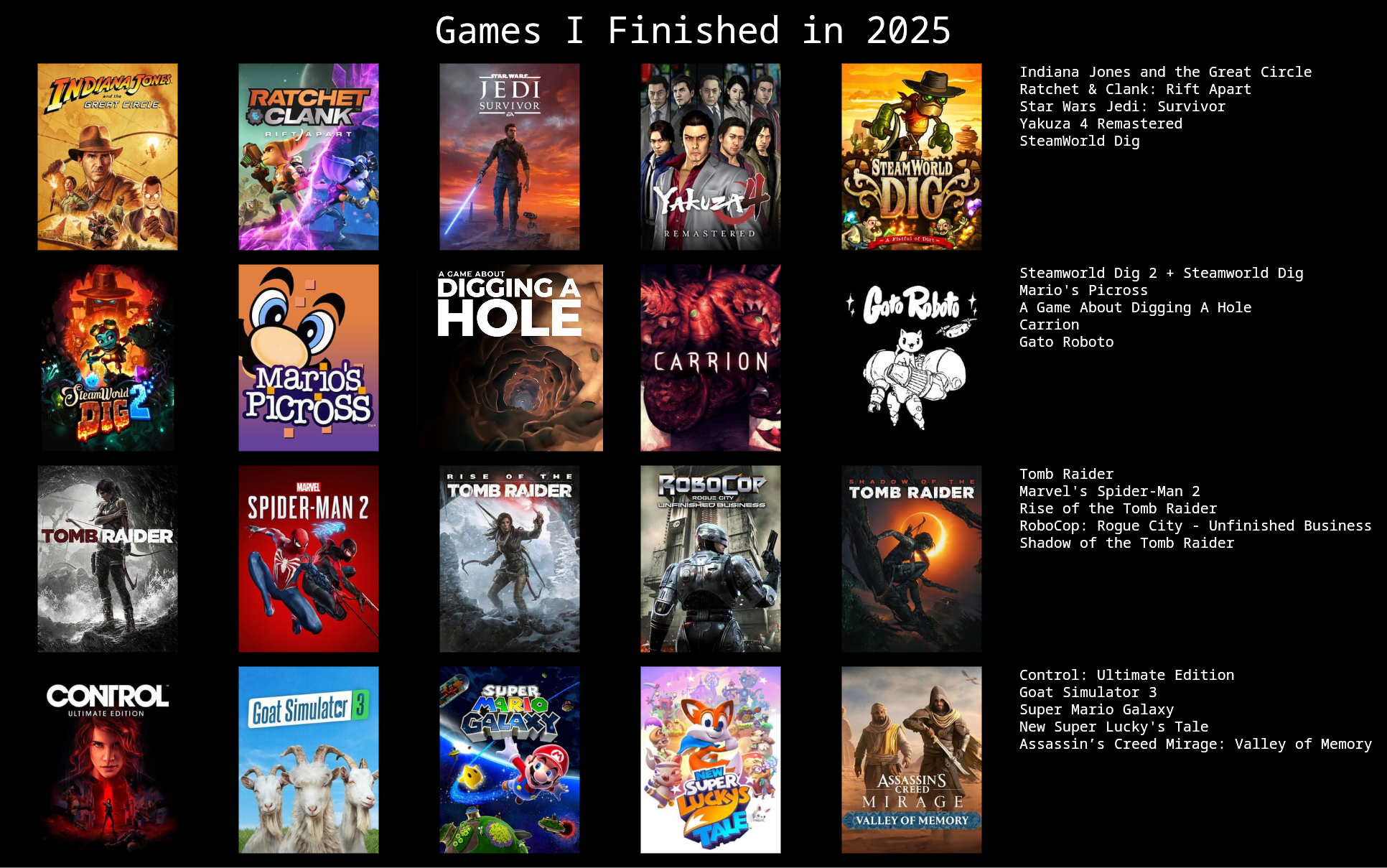 Trust me I played way more than this, these are just the ones I finished